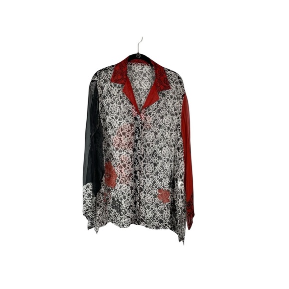 Diane von Furstenberg Sheer Silk Lace Print Button Down Shirt Red Collar  Size M - Picture 2 of 7